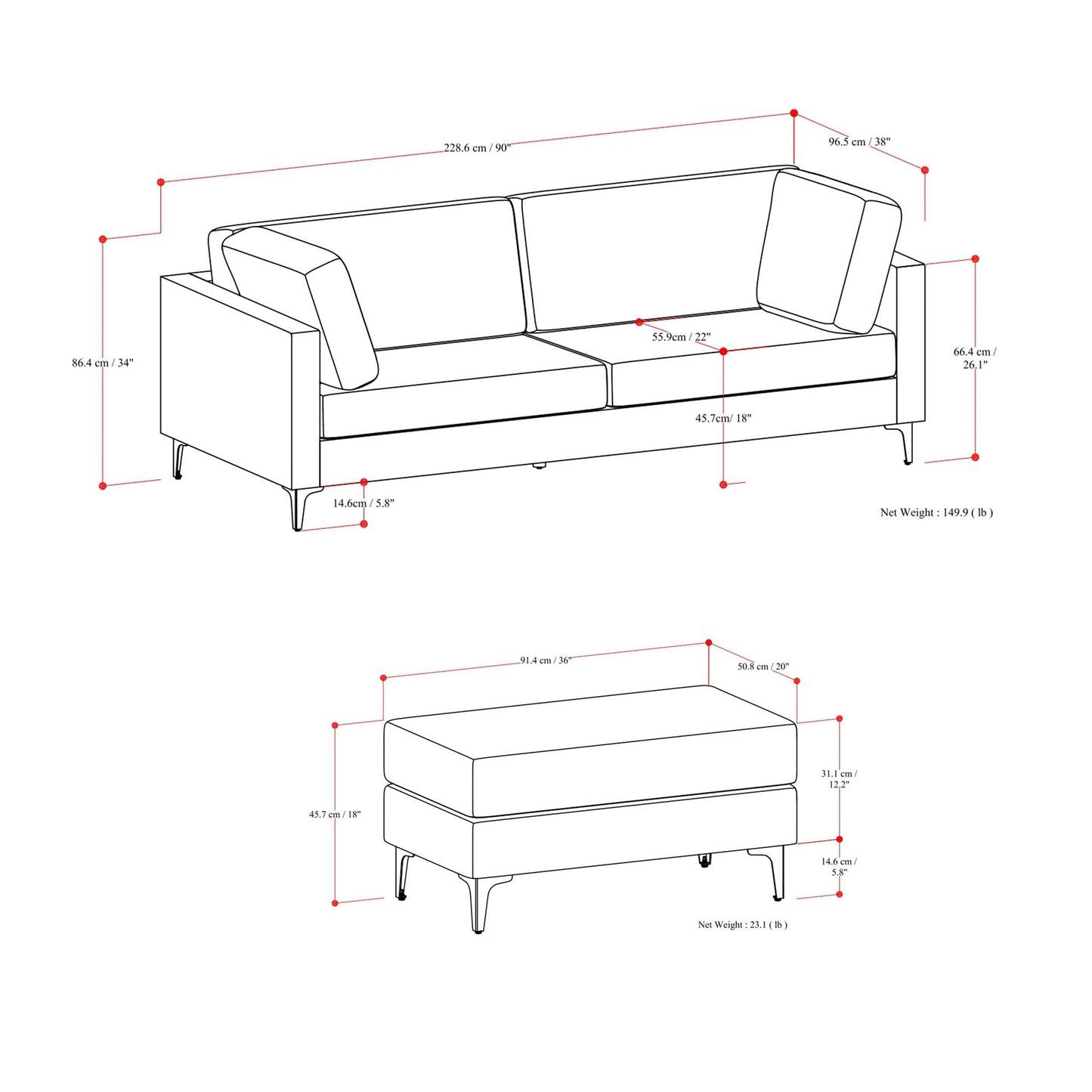 Ava Mid Century Modern Sofa and Ottoman Set