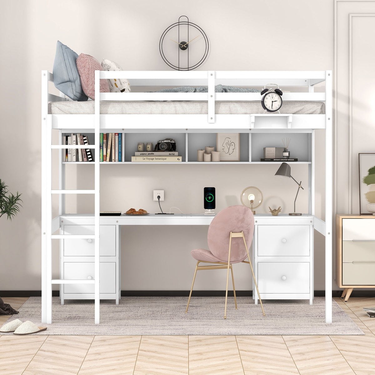 Loft bed with desk and built-in storage cabinets, drawers, and charging station in white on Tampa Home & Garden Store