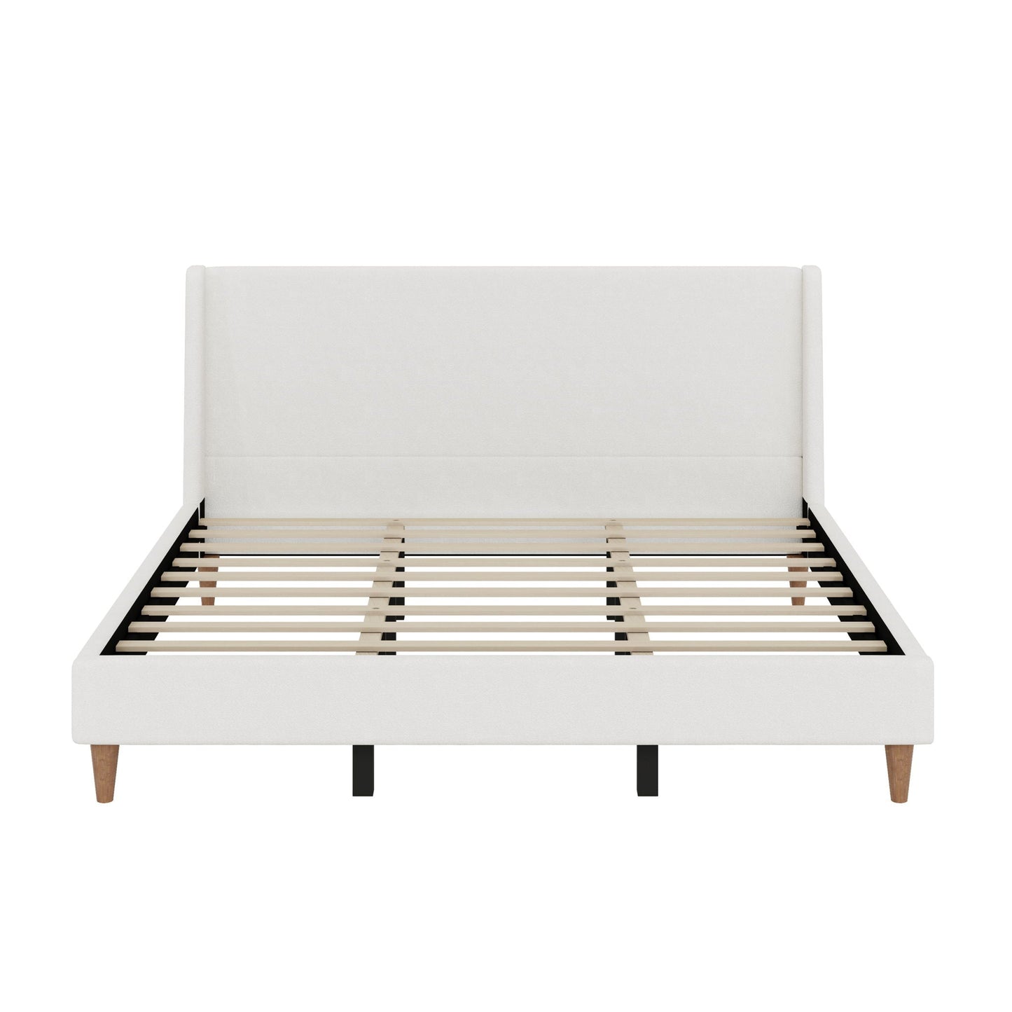 HouseOfZazla upholstered platform bed with wingback headboard in white fabric, slatted base on Tampa Home & Garden Store