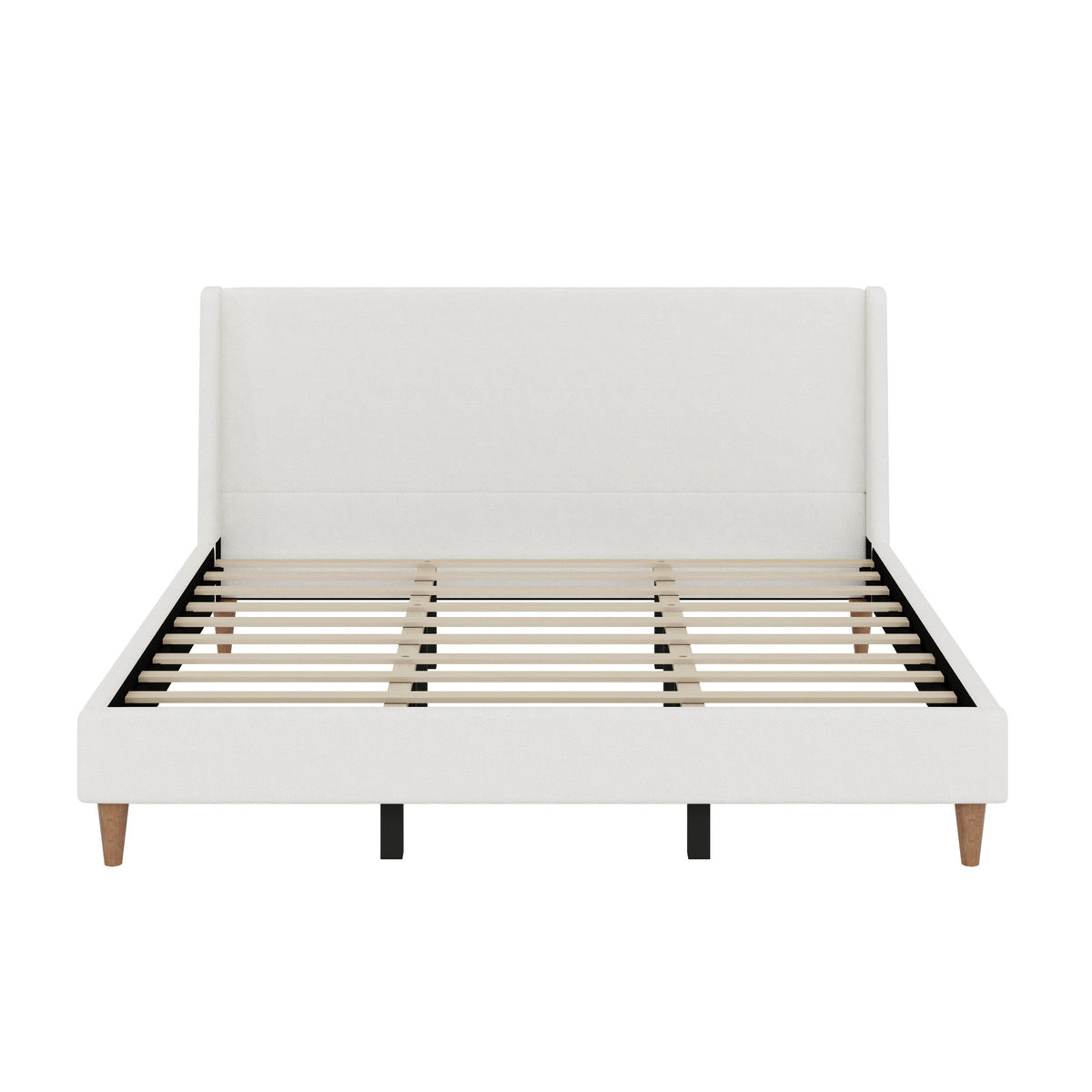 HouseOfZazla upholstered platform bed with wingback headboard in white fabric, slatted base on Tampa Home & Garden Store