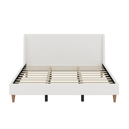 HouseOfZazla upholstered platform bed with wingback headboard in white fabric, slatted base on Tampa Home & Garden Store