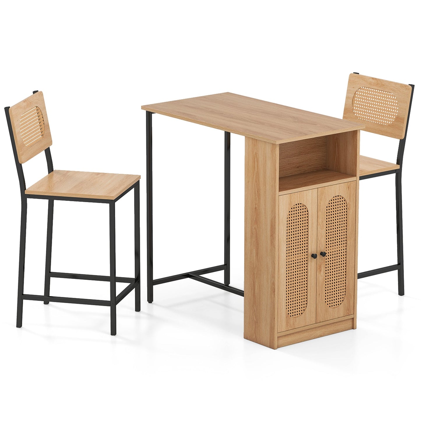 3-Piece Bar Table and Chairs Set with Storage Shelves and Footrests-Natural