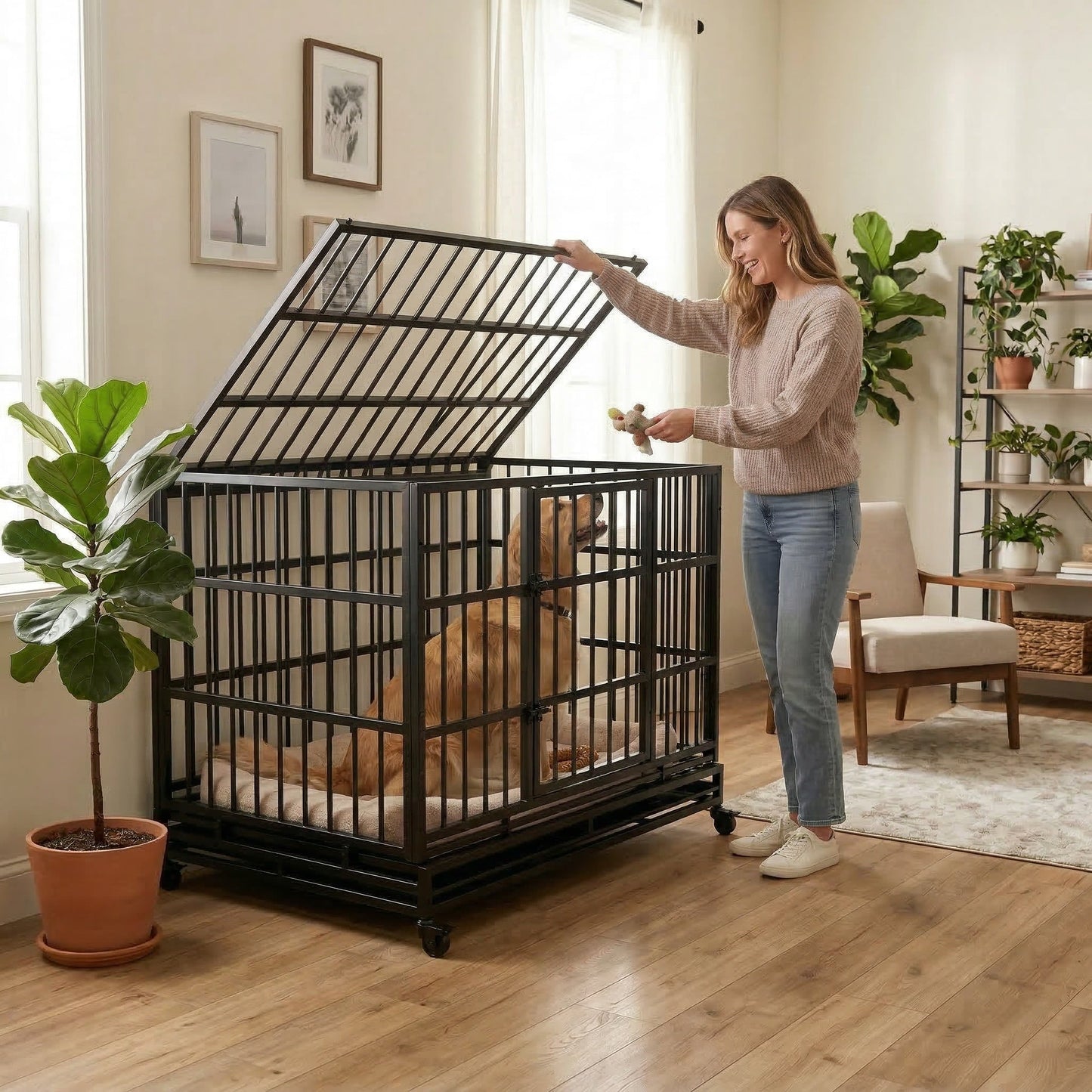 48 Inch heavy duty indestructible dog crate with wheels in black metal by HouseOfZazla on Tampa Home & Garden Store