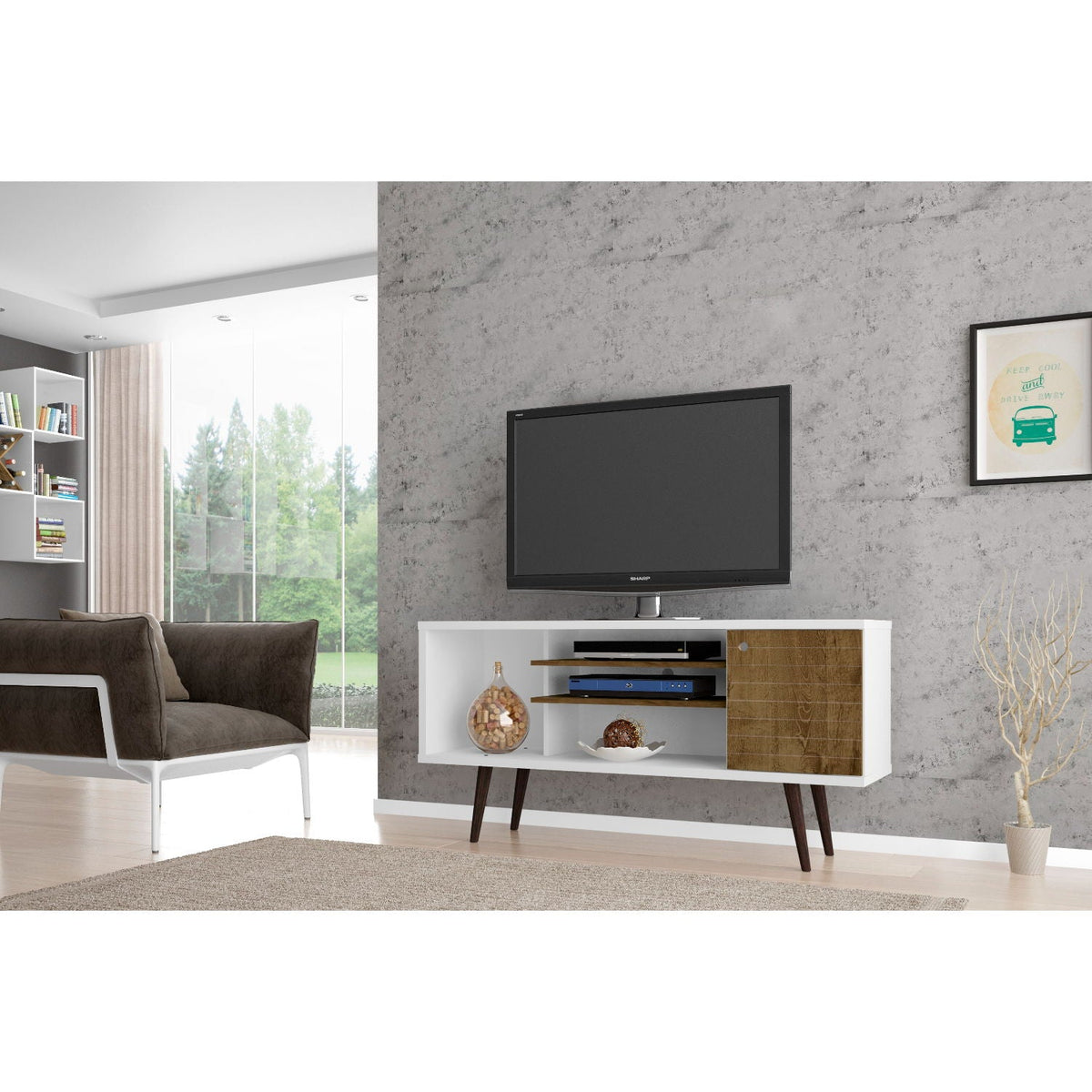 Smart Storage TV Stand with Solid Wood Legs in white with wood accents - HouseOfZazla on Tampa Home & Garden Store
