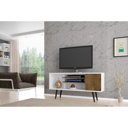 Smart Storage TV Stand with Solid Wood Legs in white with wood accents - HouseOfZazla on Tampa Home & Garden Store