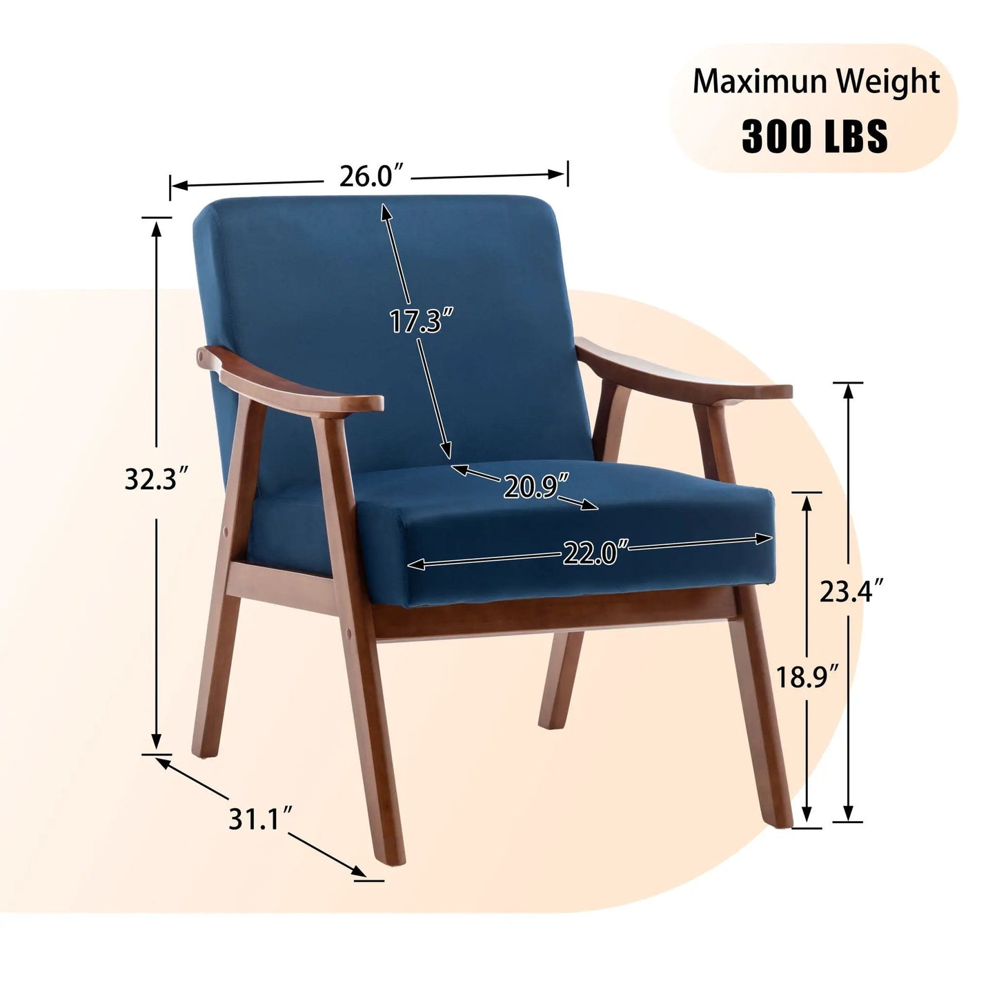 Mid Century Modern Accent Arm Chair with solid wood frame and thick backrest blue upholstery on Tampa Home & Garden Store