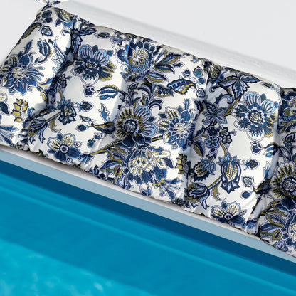 Blue Outdoor Bench Cushions With Ties and Fabric