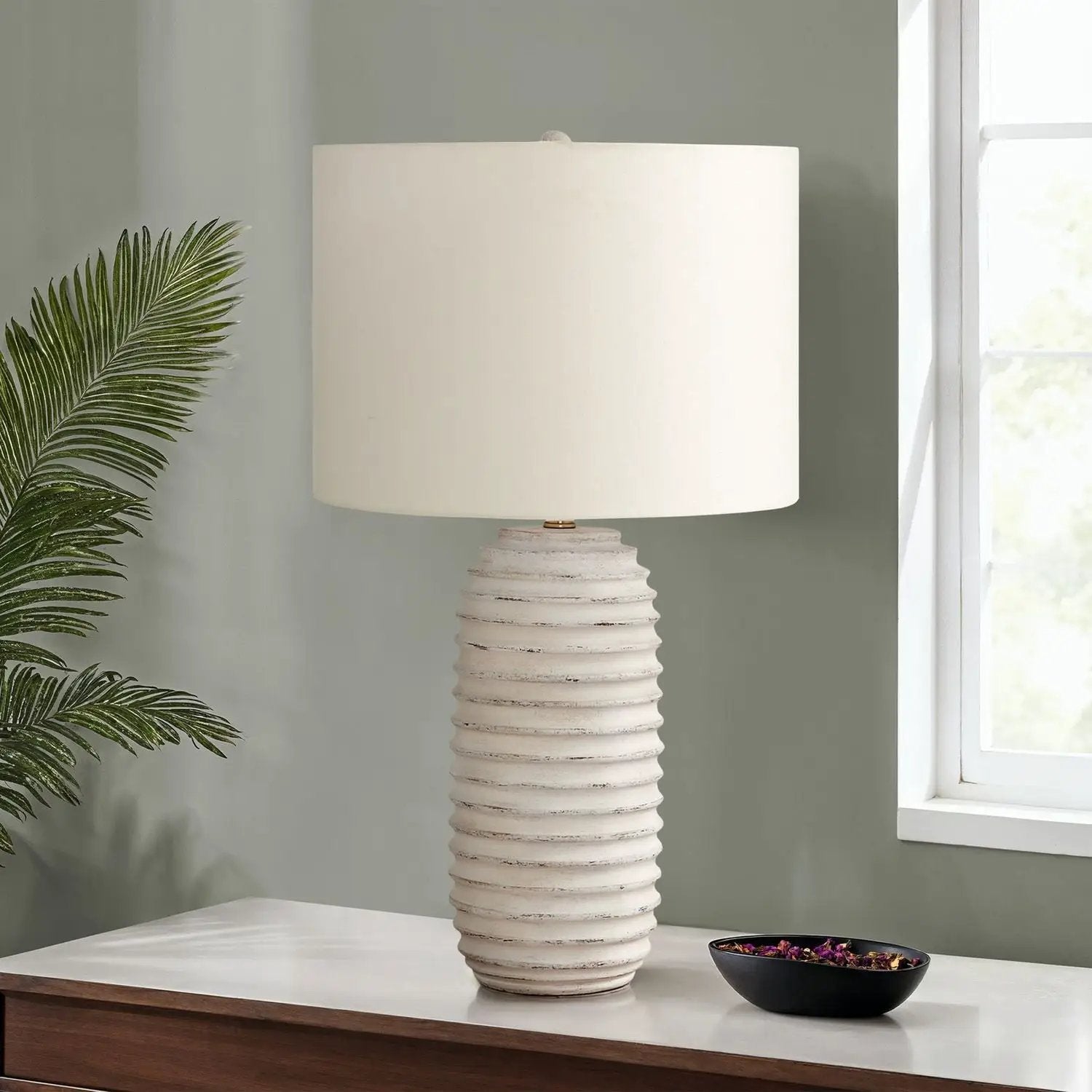 Table lamp resin cream ribbed base with ivory linen shade, transitional style on Tampa Home & Garden Store