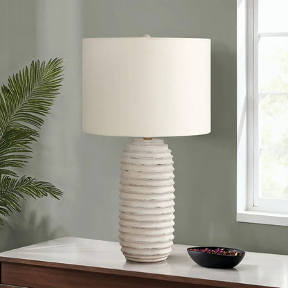 Table lamp resin cream ribbed base with ivory linen shade, transitional style on Tampa Home & Garden Store