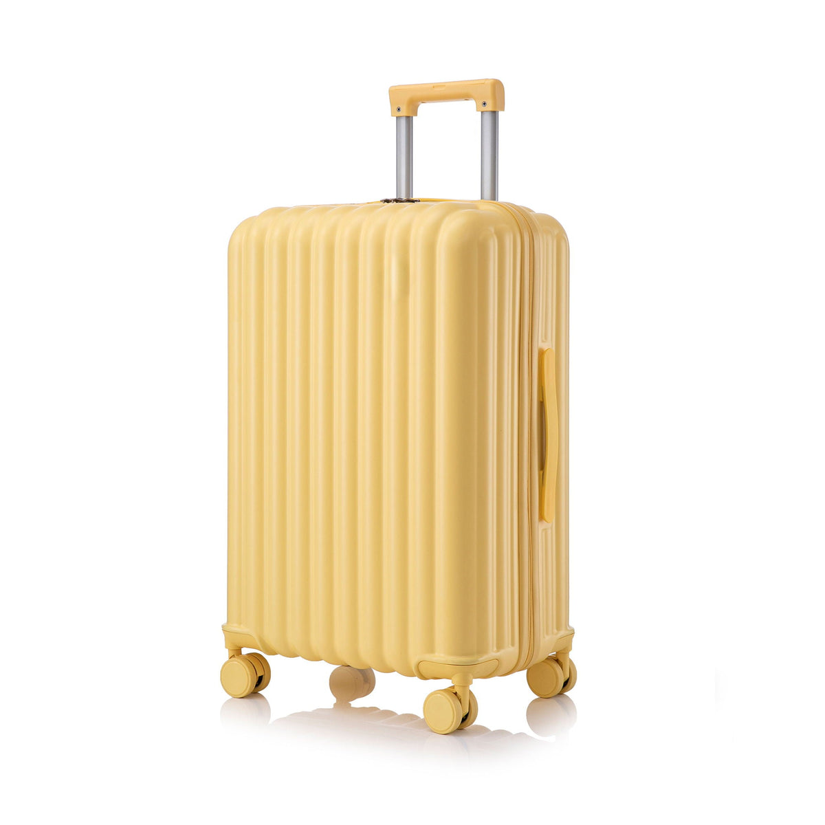 Yellow hard-shell spinner carry-on luggage suitcase with telescoping handle and four wheels on Tampa Home & Garden Store