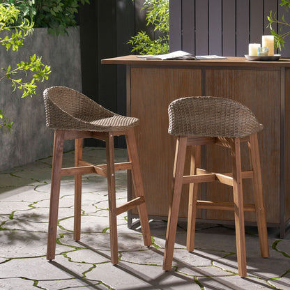 Beeson Outdoor Wicker and Acacia Barstool Set
