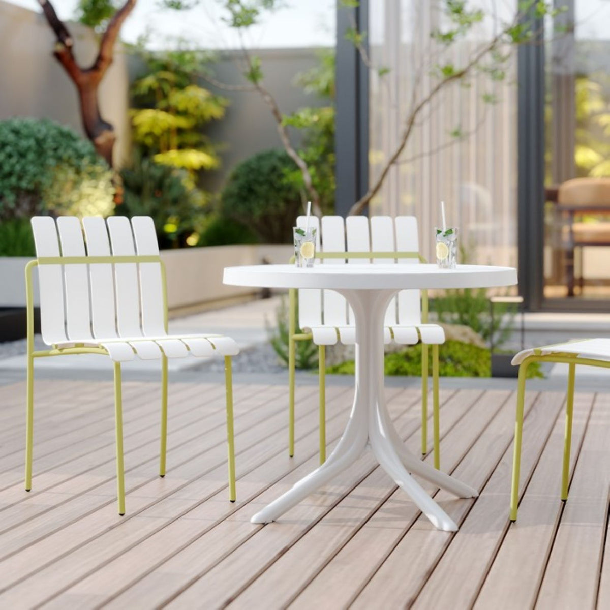 Modern Color Block Outdoor 5-Pc Dining Set white chairs with yellow metal frames on Tampa Home & Garden Store
