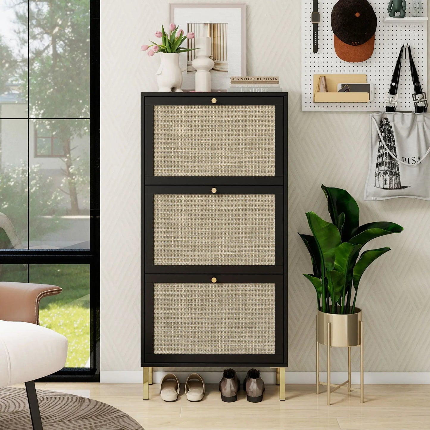 Rattan 3 Door Shoe Rack Cabinet for Entryway