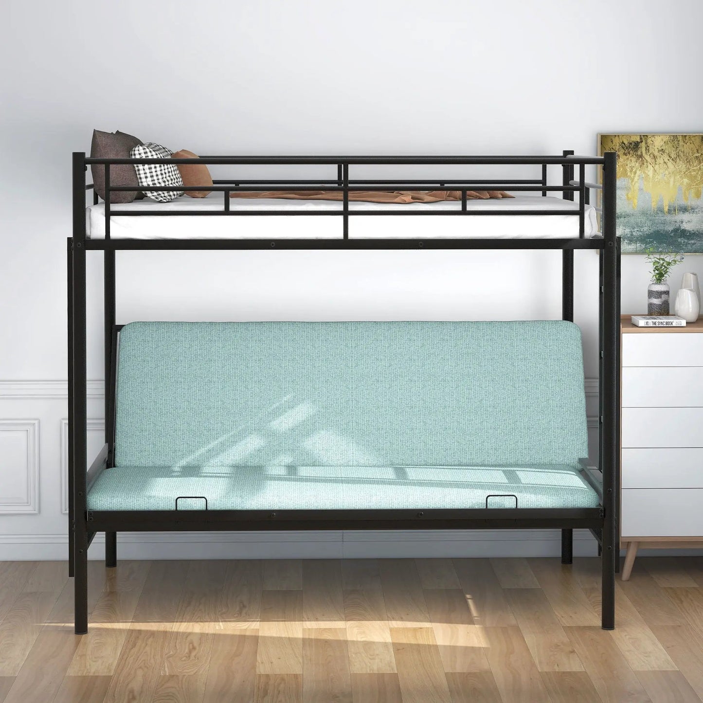 Twin over full bunk bed in black metal frame with white top mattress and blue bottom on Tampa Home & Garden Store