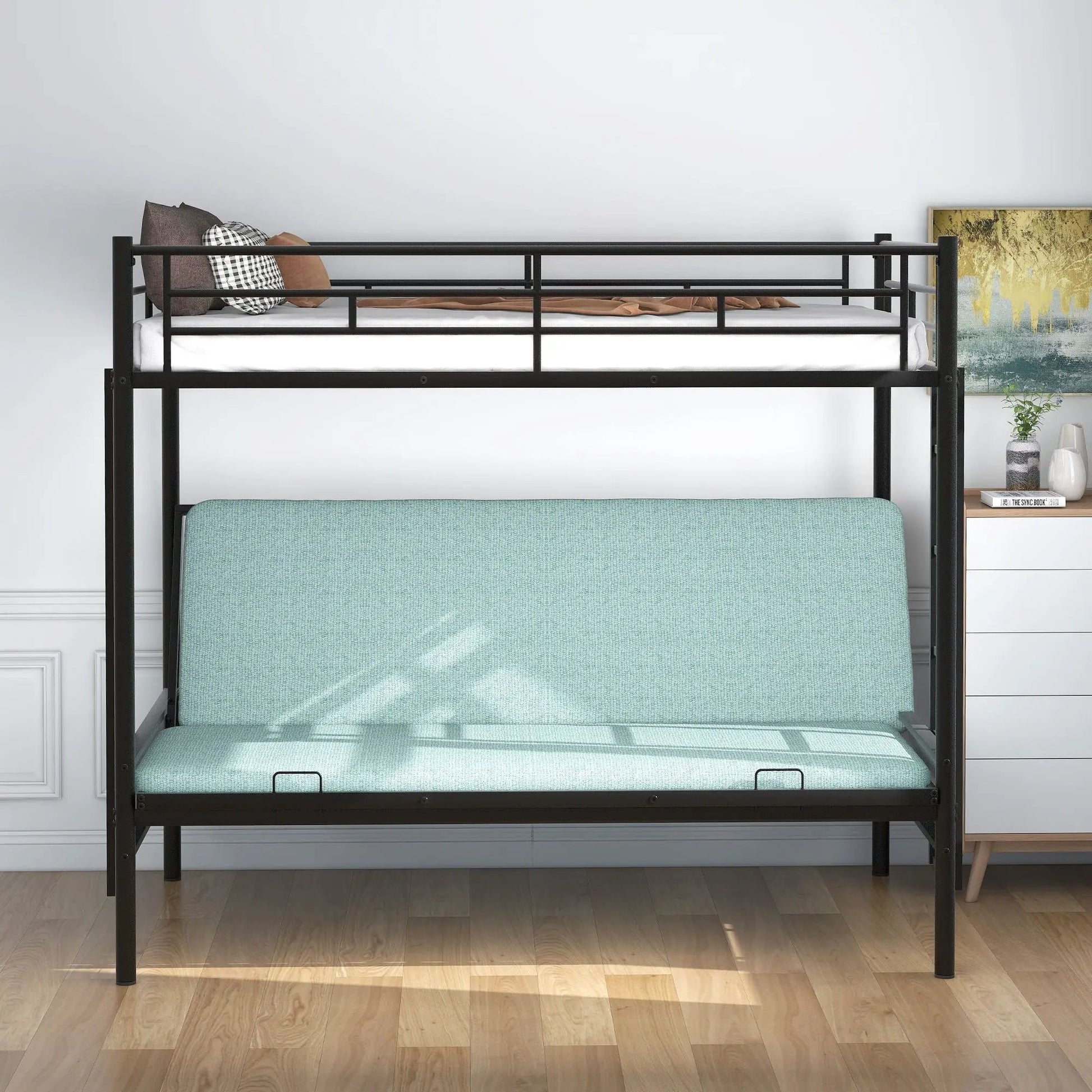Twin over full bunk bed in black metal frame with white top mattress and blue bottom on Tampa Home & Garden Store