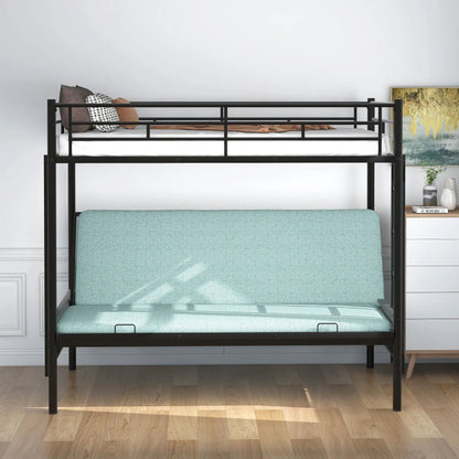 Twin over full bunk bed in black metal frame with white top mattress and blue bottom on Tampa Home & Garden Store