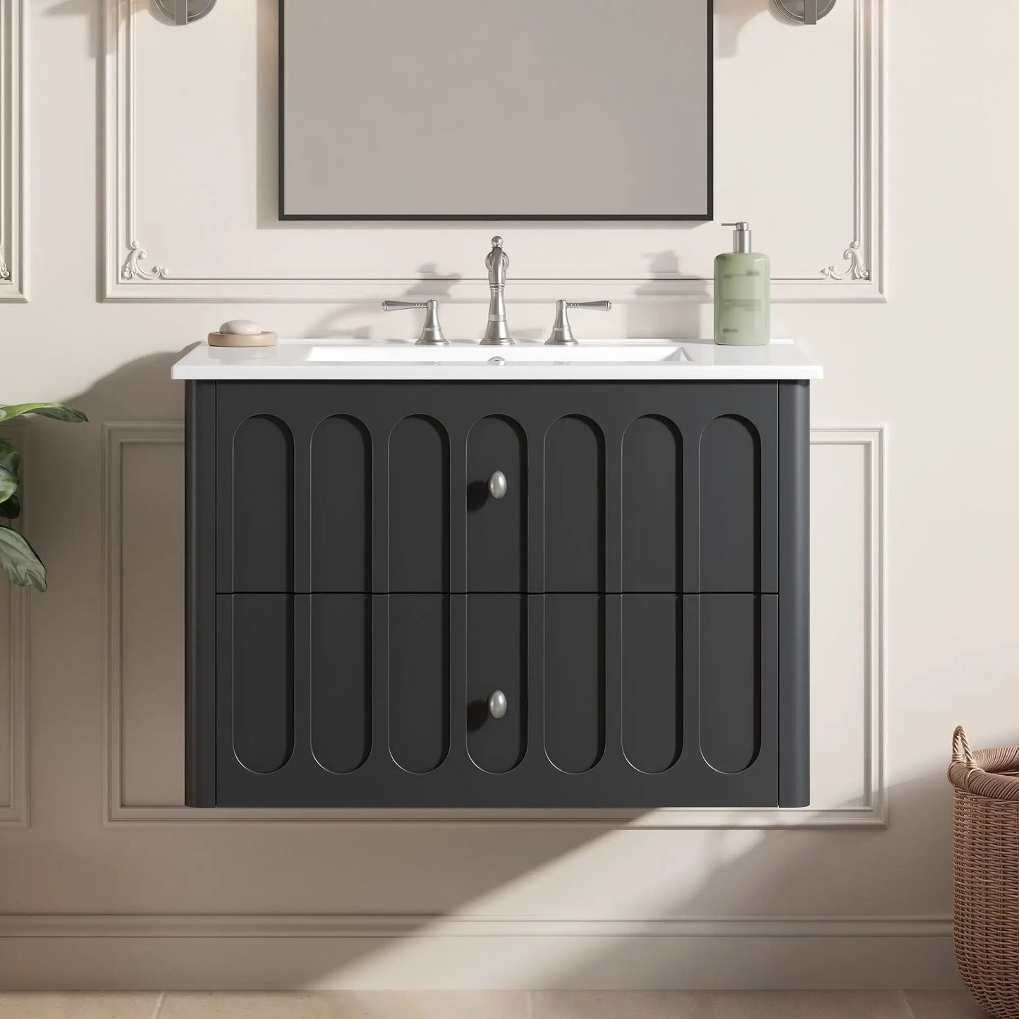 Floating bathroom vanity Unique Piece Furniture with oval knobs, dark base, soft-close drawers on Tampa Home & Garden Store