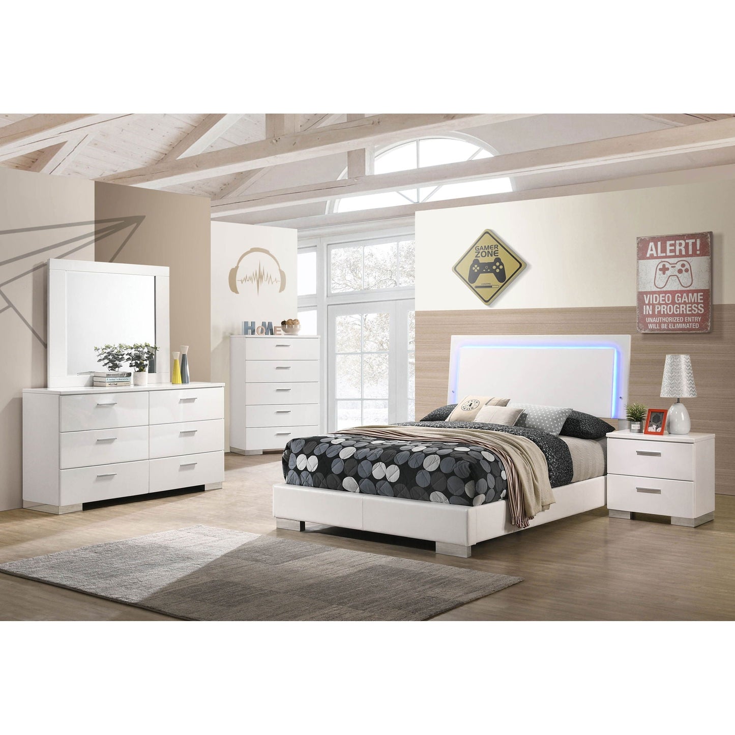 Felicity LED panel bed with built-in lighting, upholstered platform bed by HouseOfZazla on Tampa Home & Garden Store