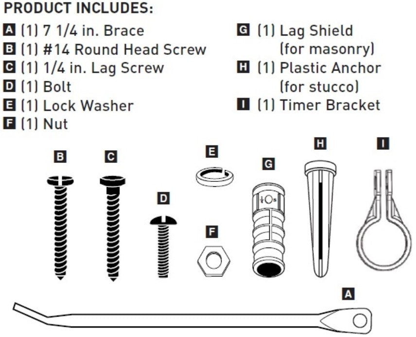 Hardware kit for Orbit Irrigation digital 3-outlet timer with brace, screws, bolts, nut, anchor, bracket on Tampa Home & Garden Store