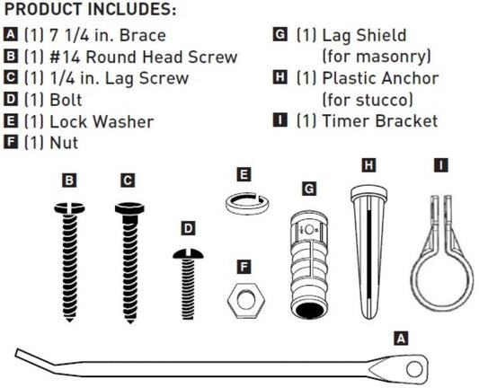 Hardware kit for Orbit Irrigation digital 3-outlet timer with brace, screws, bolts, nut, anchor, bracket on Tampa Home & Garden Store