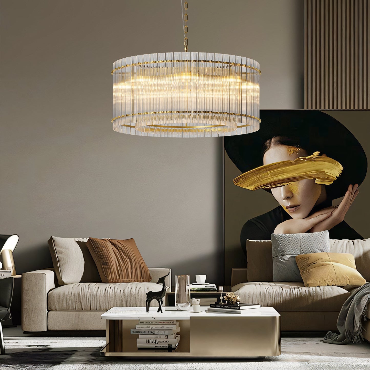 37in gold round 8-light crystal chandelier by HouseOfZazla with crystal strands and gold rings on Tampa Home & Garden Store