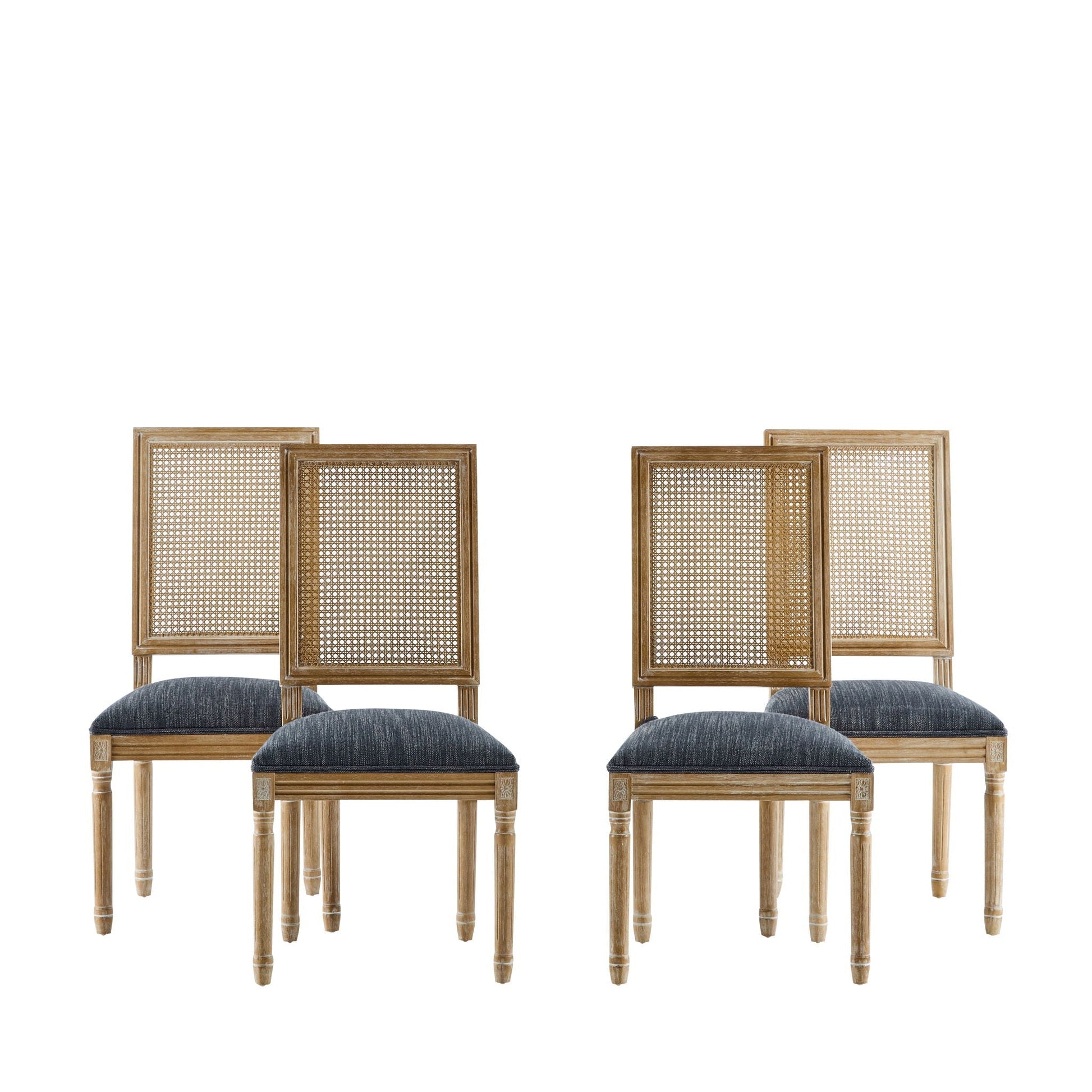 French Country dining chairs with rectangular cane backrests and blue upholstered seats set of 4 on Tampa Home & Garden Store