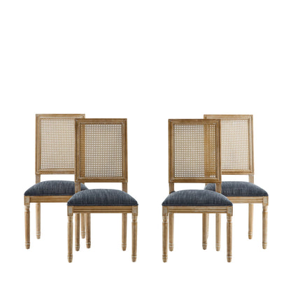 French Country dining chairs with rectangular cane backrests and blue upholstered seats set of 4 on Tampa Home & Garden Store