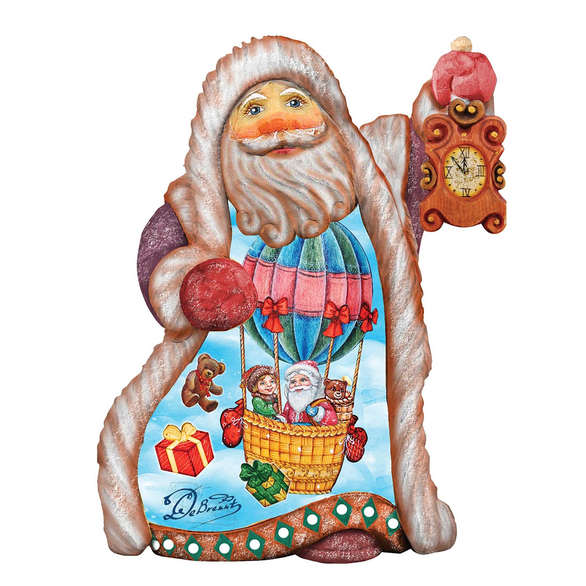 Balloon Ride Santa sculpted ornament by G. DeBrekht; hand-painted Santa with balloon ride scene on Tampa Home & Garden Store