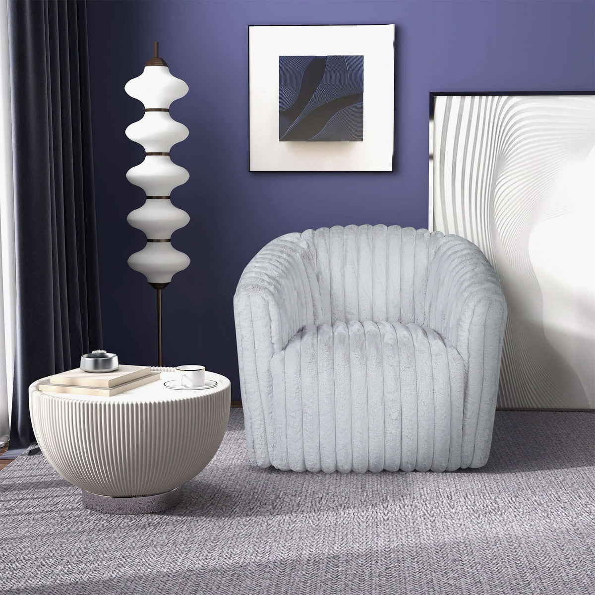 Modern Comfort Swivel Chair with Channel-Tufted Gray Fabric, shown with lamp and coffee table on Tampa Home & Garden Store