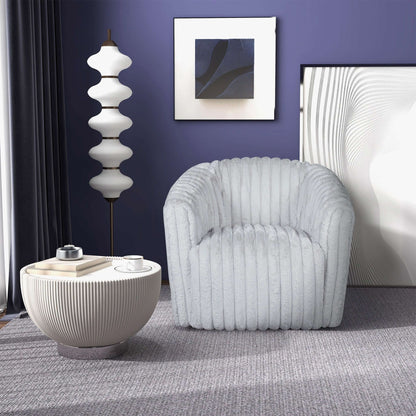 Modern Comfort Swivel Chair with Channel-Tufted Gray Fabric, shown with lamp and coffee table on Tampa Home & Garden Store