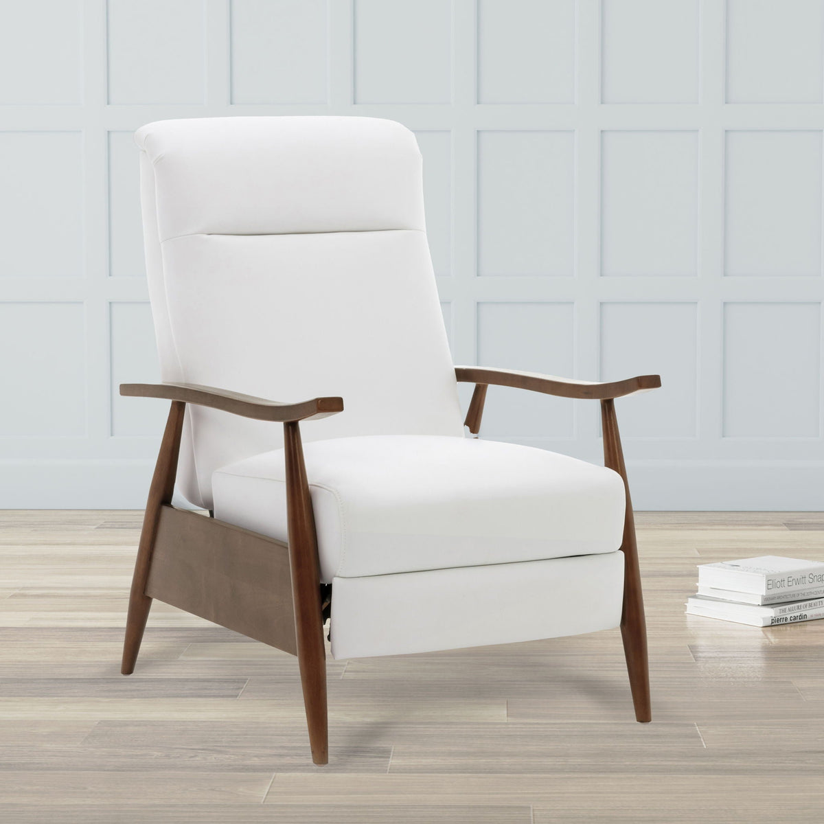 Sarasota Arm Push Back Recliner white upholstery with wooden armrests by HouseOfZazla on Tampa Home & Garden Store