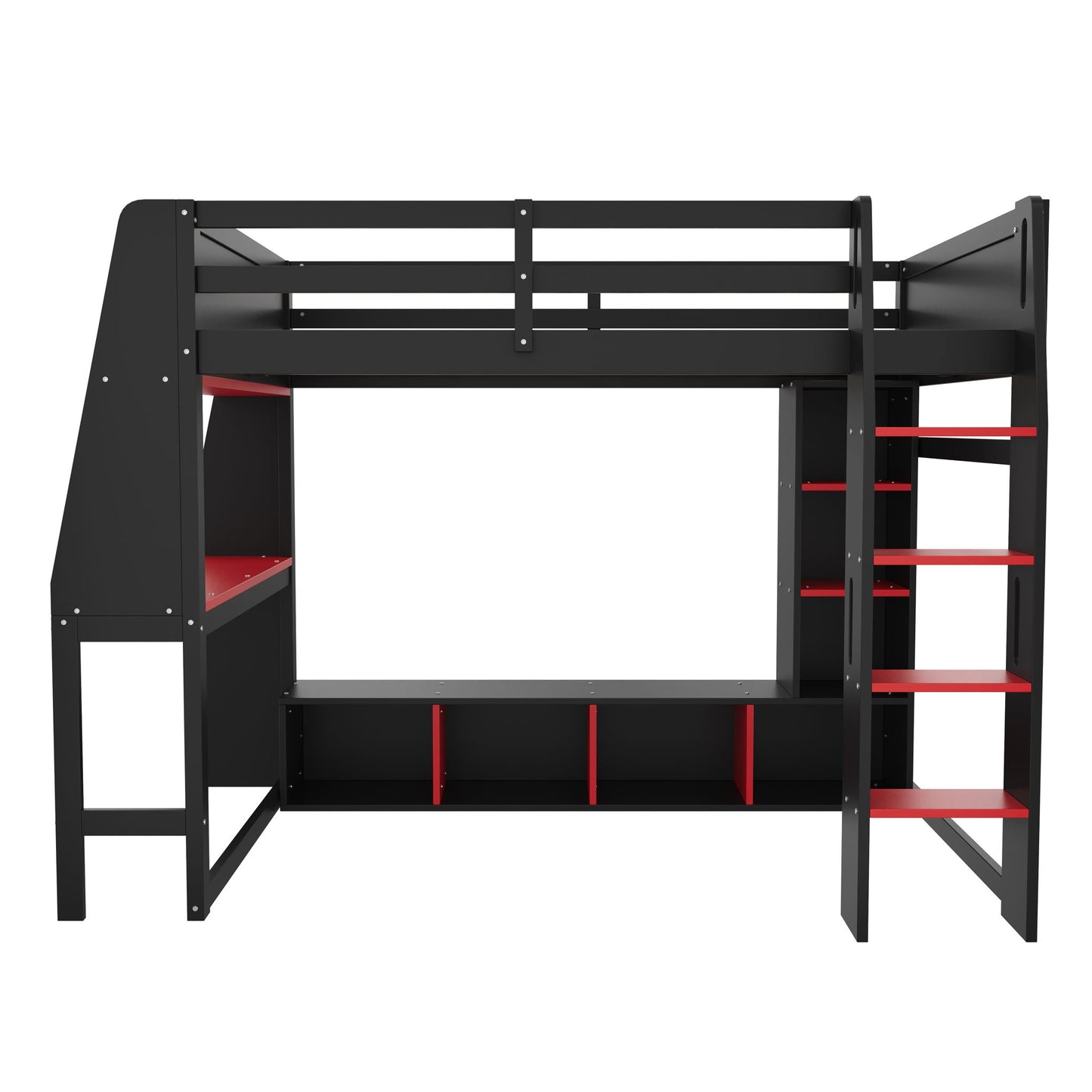 Gaming Loft Bed With Desk, black metal frame, red ladder accents and built-in storage shelves on Tampa Home & Garden Store