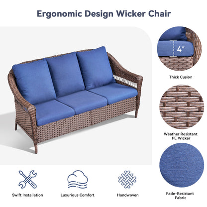 67.3-inch outdoor wicker patio sofa with blue cushions on Tampa Home & Garden Store