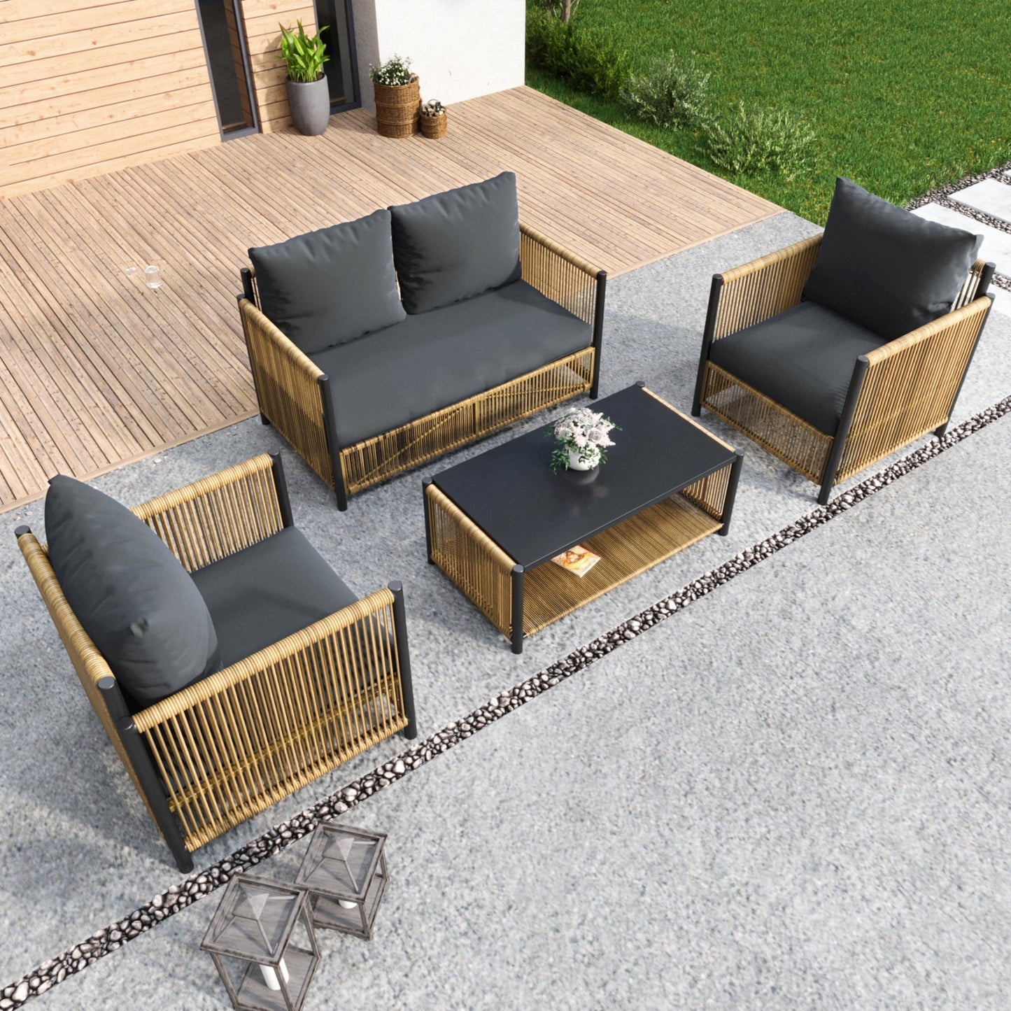 Patio 4-Piece Brown PE wicker sofa set with grey cushions; sofa, 2 chairs, coffee table on Tampa Home & Garden Store