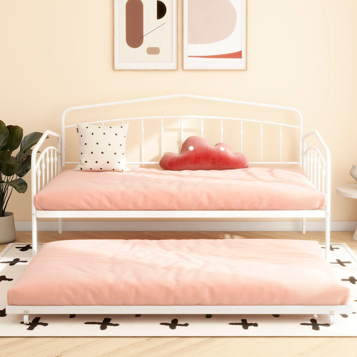 Fox Daybed with Twin Trundle by HouseOfZazla, white metal frame, blush pink bedding on Tampa Home & Garden Store