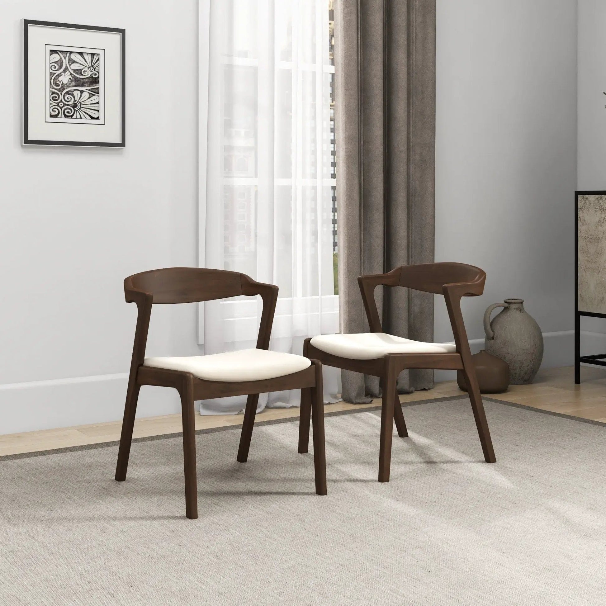 Dakota mid-century dining chairs set of 2 in warm brown wood with white cushions on Tampa Home & Garden Store