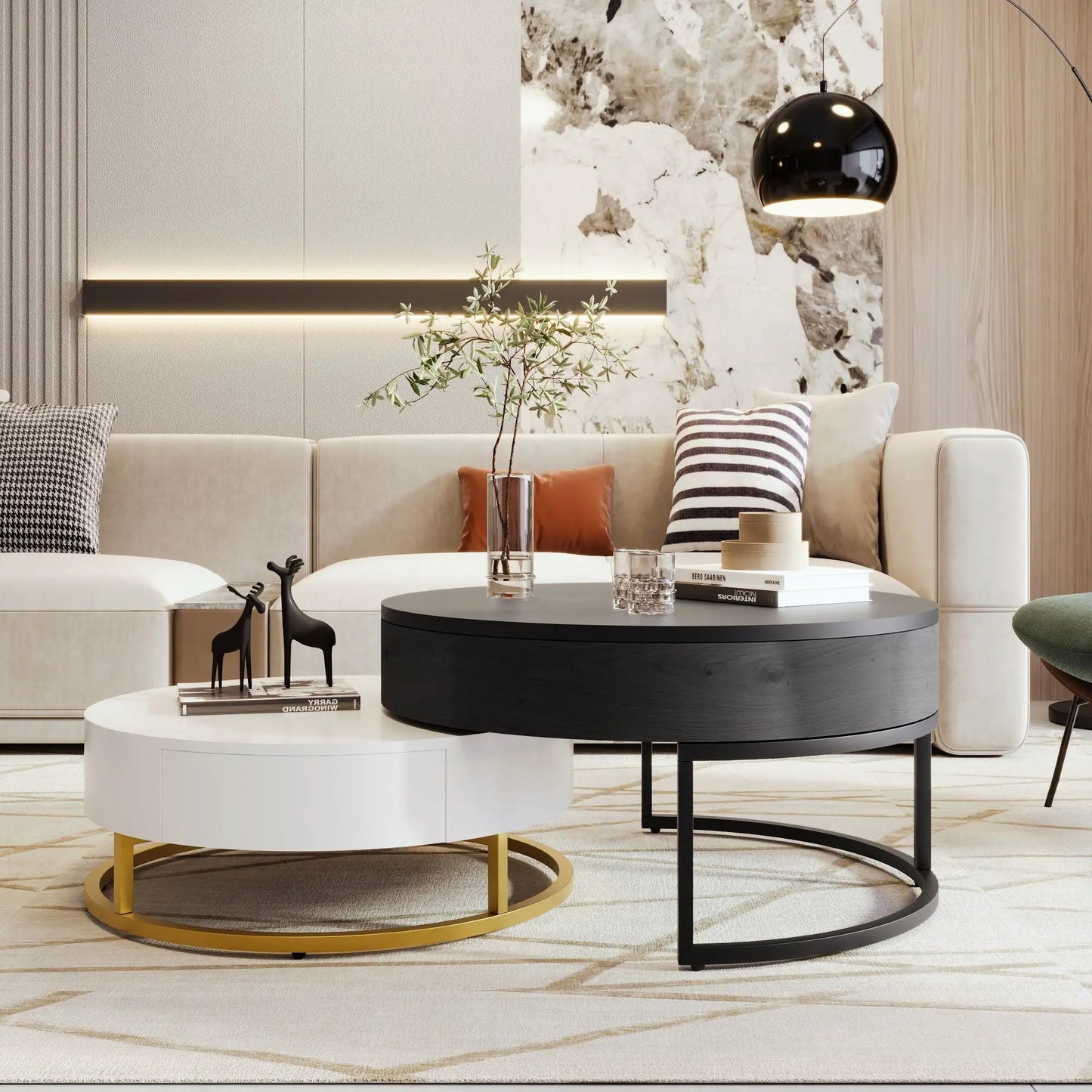 Round Lift-Top Nesting Coffee Tables with Drawers