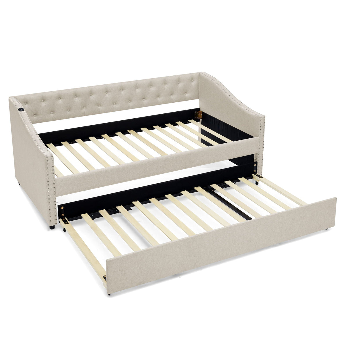 Upholstered daybed with USB charging and pull-out bed, beige tufted fabric, wood slat frame on Tampa Home & Garden Store