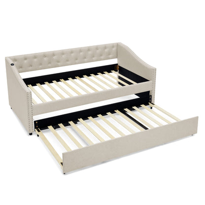 Upholstered daybed with USB charging and pull-out bed, beige tufted fabric, wood slat frame on Tampa Home & Garden Store