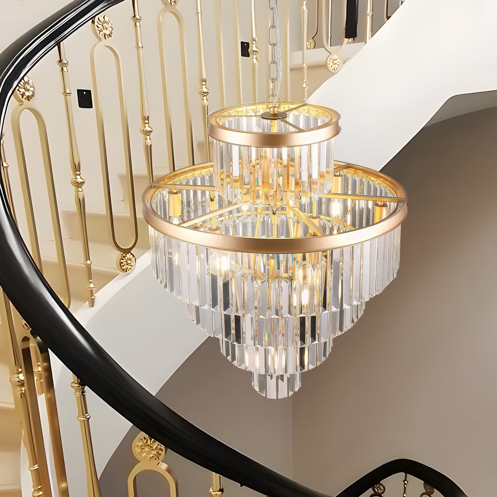 Golden Luxury Crystal Chandelier 23.6in, gold frame with crystal prisms on Tampa Home & Garden Store