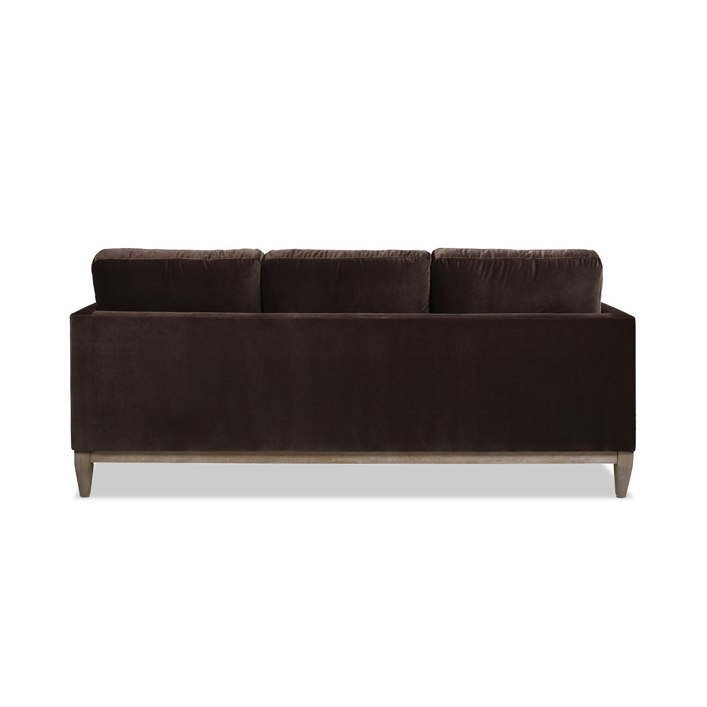 Knox Modern Farmhouse Sofa, brown velvet upholstery, three back cushions, stationary sofa on Tampa Home & Garden Store