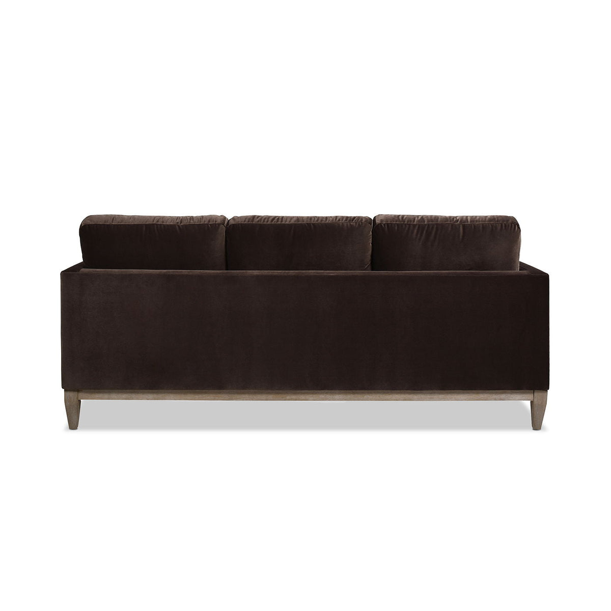 Knox Modern Farmhouse Sofa, brown velvet upholstery, three back cushions, stationary sofa on Tampa Home & Garden Store