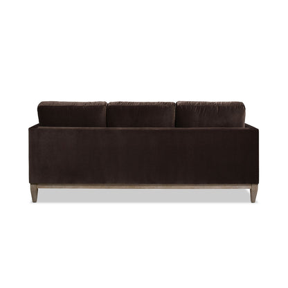 Knox Modern Farmhouse Sofa, brown velvet upholstery, three back cushions, stationary sofa on Tampa Home & Garden Store