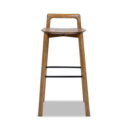 Modern minimalist low back barstool in walnut wood with iron footrest by HouseOfZazla on Tampa Home & Garden Store
