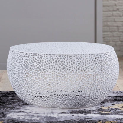 Round coffee table with aluminum frame in white lattice design on Tampa Home & Garden Store