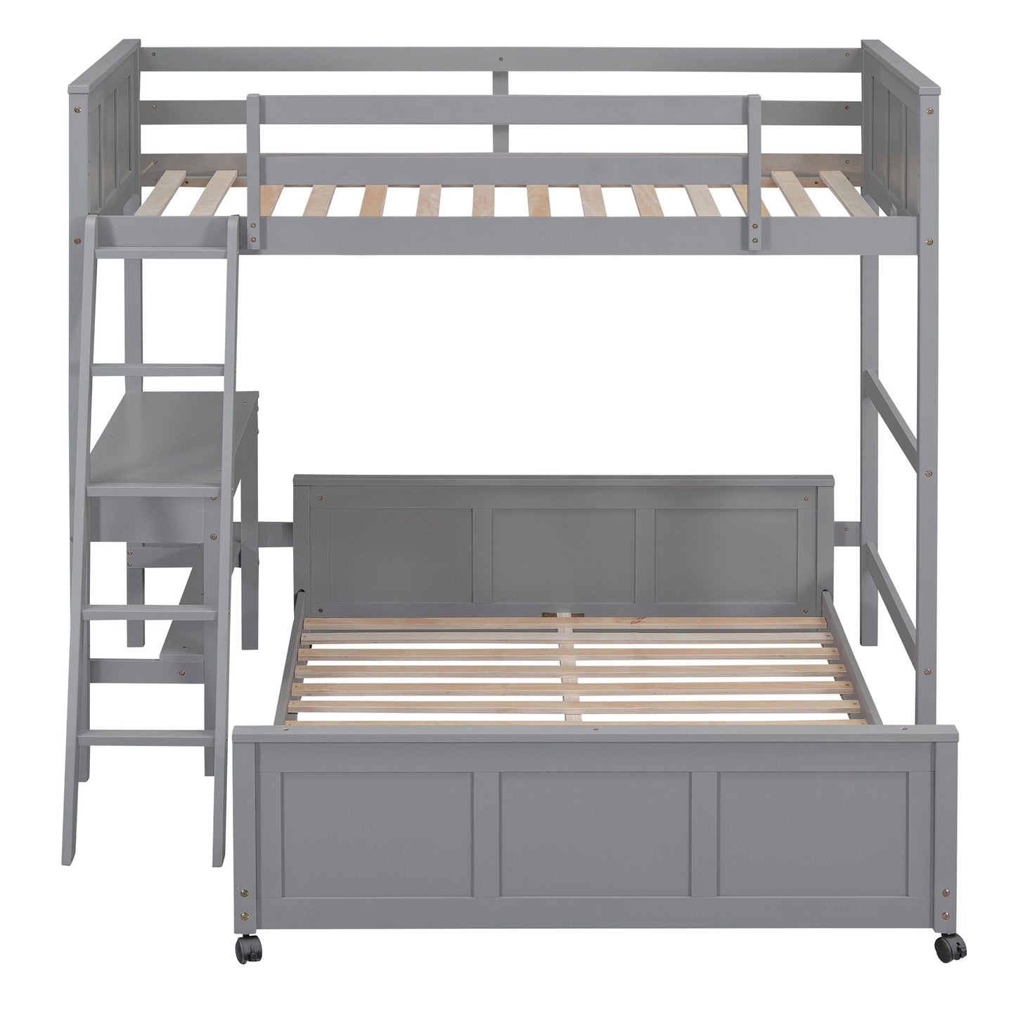 Full Over Full Bunk Bed With Desk, gray finish, built-in desk area and ladder, slatted bed base on Tampa Home & Garden Store