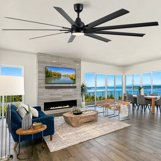 84 inch black ceiling fan with remote control in a modern living room by VIP Digital Presence on Tampa Home & Garden Store