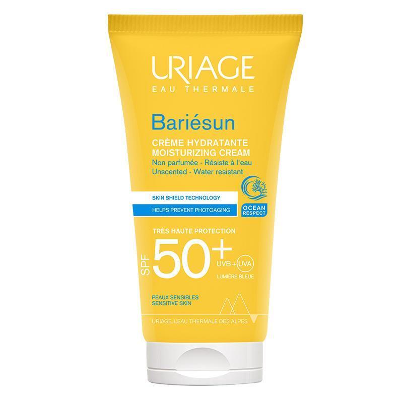 Uriage Bariésun fragrance-free sunscreen SPF 50+ yellow tube with white cap, blue branding on Tampa Home & Garden Store