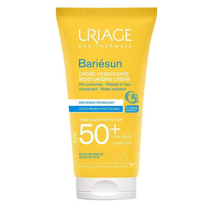Uriage Bariésun fragrance-free sunscreen SPF 50+ yellow tube with white cap, blue branding on Tampa Home & Garden Store