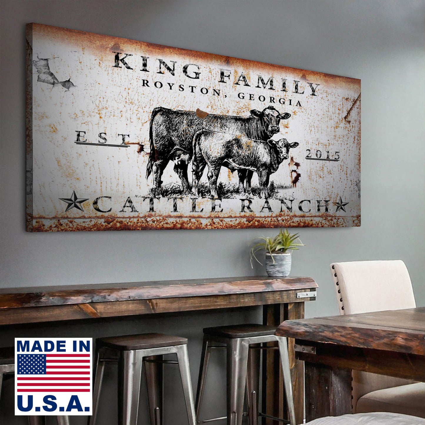 Cattle Ranch Sign II canvas art with rustic border and cow illustration in vintage style on Tampa Home & Garden Store